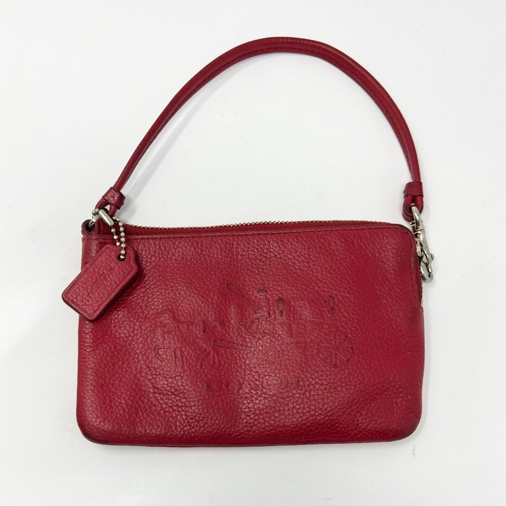 COACH Red Pebbled Leather Horse anxd Carriage Embossed Wristlet Pouch Bag